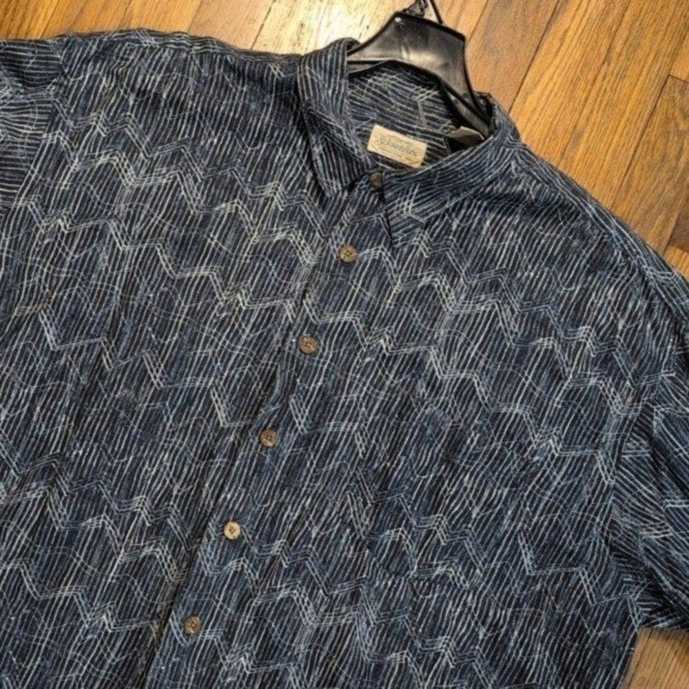 St Johns Bay Mens XXL Blue White Zig Zag Linen Cotton Short Sleeve Button‎ Shirt